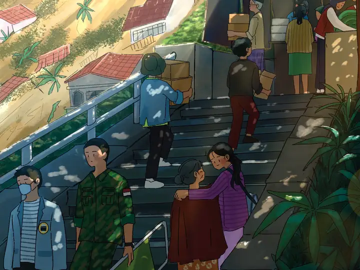 Illustration of volunteers and soldiers helping landslide victims at a disaster relief post